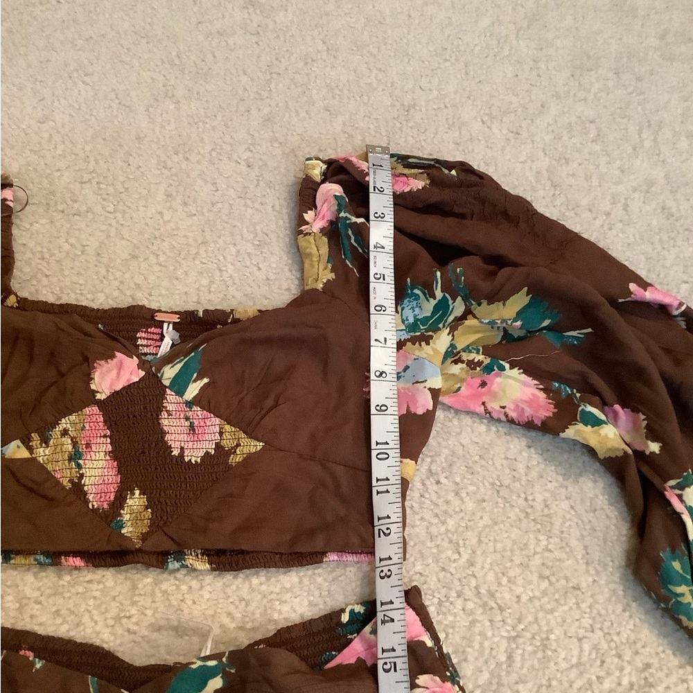 New Free People Dust Til Dawn Boho Brown Floral Long Sleeve Shorts Set Whimsy XS - Picture 9 of 16